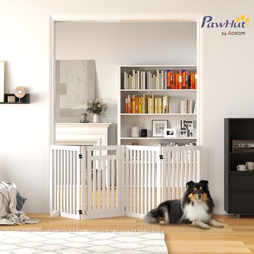 PawHut Absperrgitter Hund Freistehendes Treppengitter mit Füßen Holz 240 x 81 cm Hundegitter Schutzgitter Treppenschutzgitter für Treppen, Türen, Türschutzgitter für Küche, Flur, 4 Paneelen, Weiß