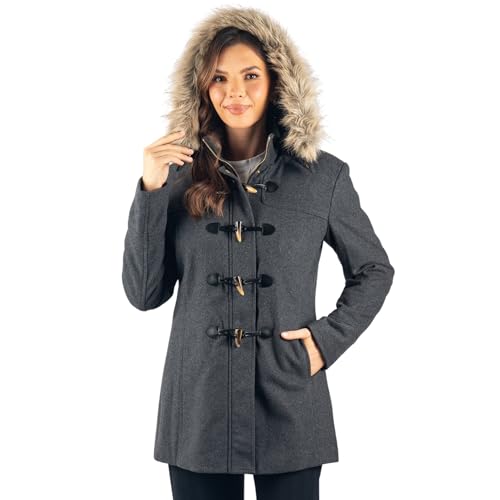 Image of Alpine Swiss Duffy Womens Gray Wool Coat Fur Trim Hooded Parka Jacket Medium