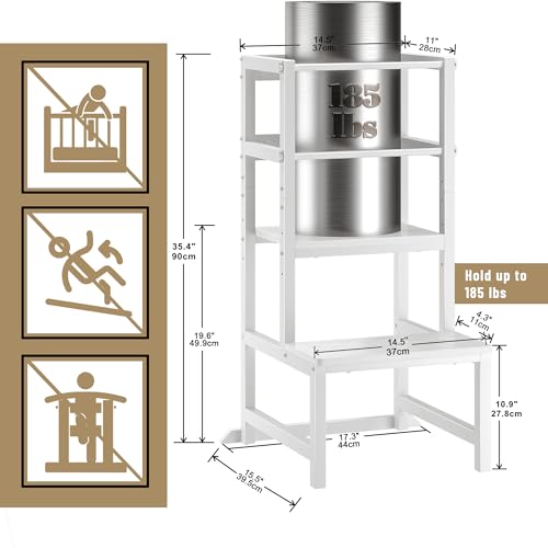 Image of INNOD Kitchen Step Stool for Toddlers, Height Adjustable Toddler Tower with Safety Rail, Steel and Wood Toddler Kitchen Stool Helper Kids, Stool for Kids, Learning Tower, Kids' Desk White