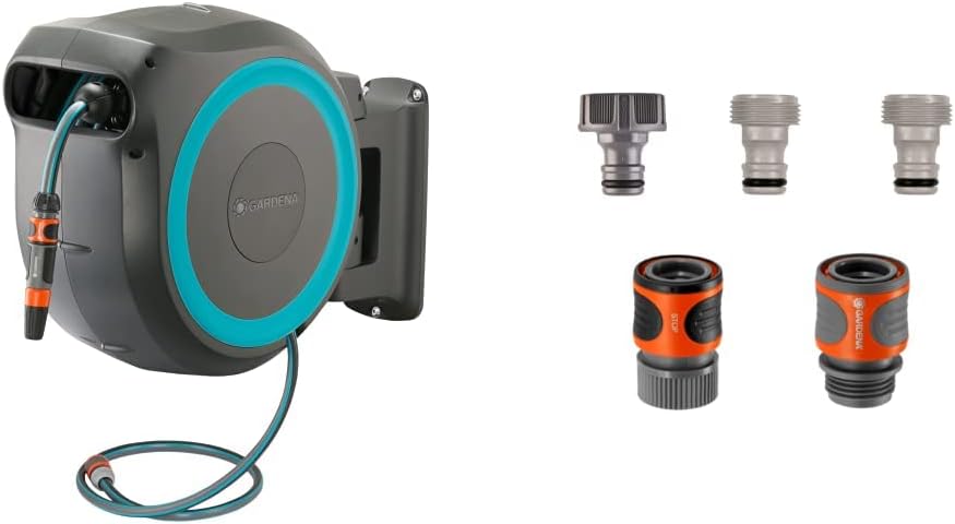 GARDENA Wall Mounted Retractable Hose Reel (115 feet) and Quick Connector Starter Set