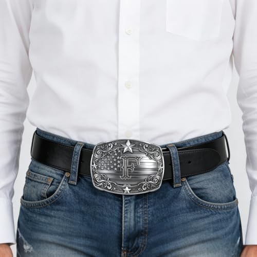 Image of Western Belt Buckle for Men Vintage Cowboy Rodeo Texas Initial Letter ABCDJMR to Z Belt Buckles