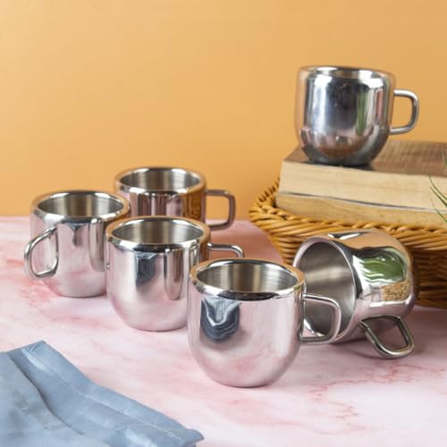 Image of Stainless Steel Tea Cups Set of 6 with Handle | Mirror Finish Chai Cups | 90ml Tea & Coffee Serving Cups Rust Resistant Double wall Apple Shaped (Silver)