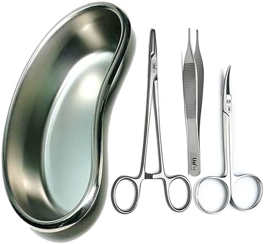 Alis Surgical Instrument CE Needle Holder, Adson Forceps, Iris Scissor With Kidney Tray 8" | Suture Set & Kidney Tray (Kidney Tray with Suturing Set), stainless steel
