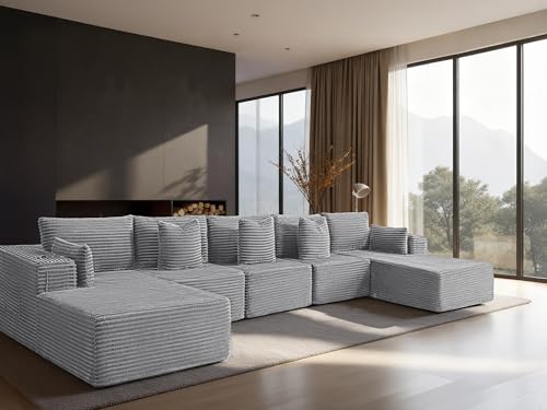Image of 168 inch Oversized Cloud Boneless Couch, Comfort U Shaped Sofa for Living Room, Extra Deep Seats No Assembly, Minimalist Modular Couch, Corduroy (Light Grey, 7 Seats,U-Shape C)