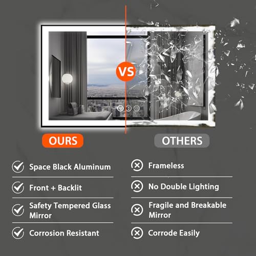 55x36 LED Bathroom Mirror, Black Aluminum Framed, Backlit + Front-Lit, 3 Colors Temperature Changeable, Dimmable Vanity Mirror, Tempered Glass, Defog, Waterproof, Memory (Horizontal/Vertical)