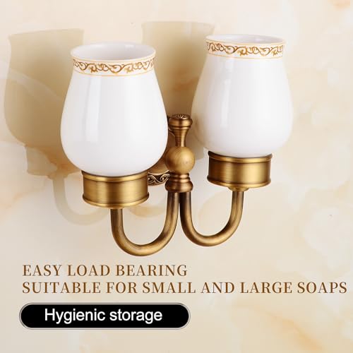 Image of Wall Mounted Bathroom Double Tooth Brushed Cup Holder, Antique Brass Pattern Carving,Brushed Bronze