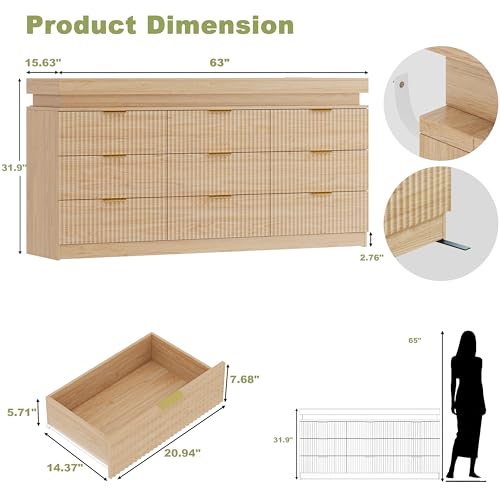 Image of 9 Drawer Dresser with LED Lights and Charging Station, 63 inch Wide Fluted Dresser for Bedroom, Modern Wood Chest of Drawers for Closet Dresser TV Stand for Living Room, Entryway, Natural Oak