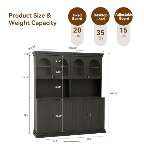 Image of ivaniti 71 inch Farmhouse Kitchen Pantry Cabinet Set of 2 with Arched Glass Doors, Black Freestanding Coffee Bar Hutch with Microwave Stand and Adjustable Shelves for Kitchen