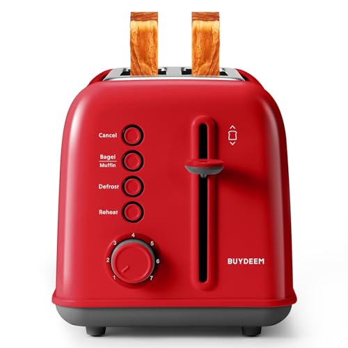 Image of BUYDEEM DT620 2-Slice Toaster, Extra Wide Slots, Retro Stainless Steel with High Lift Lever, Bagel and Muffin Function, Removal Crumb Tray, 7-Shade Settings,Red