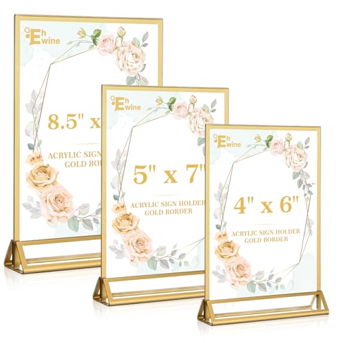 EHWINE 12 Pack Acrylic Sign Holder 5 x 7, Double Sided Gold Picture Frame Stand up Table Top Sign Holders, Clear Display Stand Menu Flyer Holder for Wedding Party (Provide Non-slip Mats)