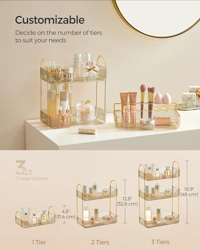 Image of SONGMICS Makeup Organizer, 3-Tier Countertop, Customizable, Champagne Gold | Customizable skincare organizer countertop, 2 types of accessories, jewelry holder, for vanity, bedroom, bathroom UJKA013A01