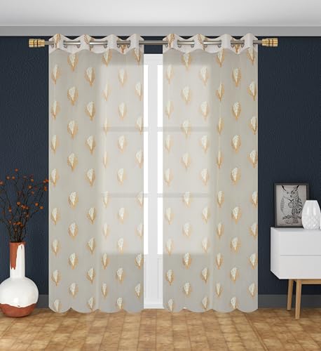 Image of littlelotus Floral Embroidery Tissue Net Sheer Transparent Curtains for Door 9 feet Long Set of 2, Cream