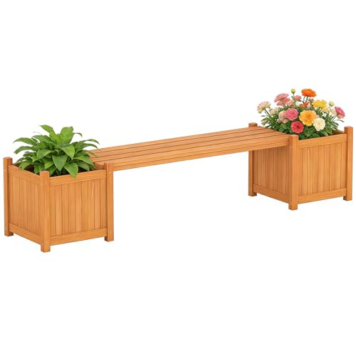 CHEFJOY 2-in-1 Outdoor Planter Box with Bench, Outdoor Bench with 2 Raised Garden Beds, Open-Ended Base Planter Box, Teak Oil Finish Wood Seat, Garden Bench Seat for Porch Balcony Lawn Yard