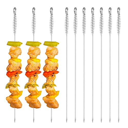 Lot de 10 brochettes de barbecue en métal 100 % de qualité alimentaire 304 avec poignée à ressort QQ CAT longues brochettes plates réutilisables pour shishkabob, viande, crevettes, légumes, fruits Cover