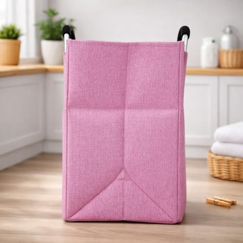 Image of DecorTwist Structured Fabric Laundry Basket with Metal Handles | 40 Litre Large Carry Basket for Clothes Toys & Storage | Foldable & Multipurpose | L40xW26xH38 cm | Pink