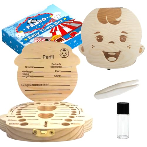 Image of PAMBO Baby Tooth Fairy Box Keepsake for Boys and Girls,Wooden Tooth Storage Holder for Kids,Newborn Baby Gift - Boys A