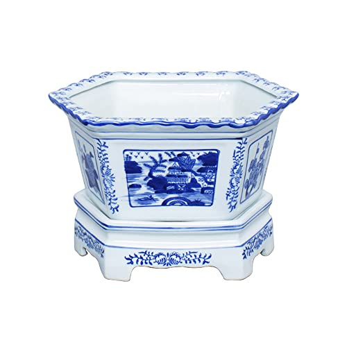 青と白の磁器六角形のセラミック植木鉢、ベース付きテーブルトップグリーン植木鉢クリエイティブ中国製景徳鎮製、29.5cm