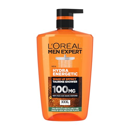 L'Oréal Men Expert, Hydra Energetic, XXL Shower Gel For Men, with Taurine and Vitamin C for an Instant Energy Kick, Convenient & Easy-to-Use Pump, Large 1L Pump Bottle
