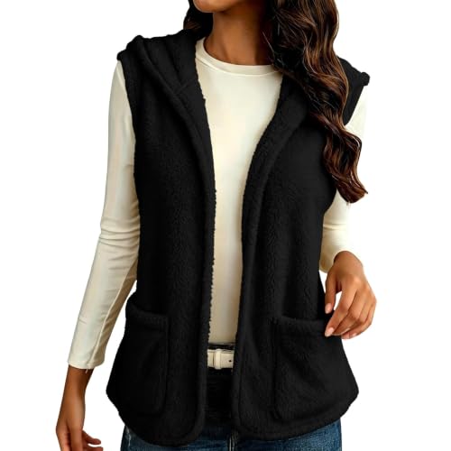 Womens Fuzzy Fleece Vest Hooded Open Front Patch Pockets Casual Fall Layer - image 1