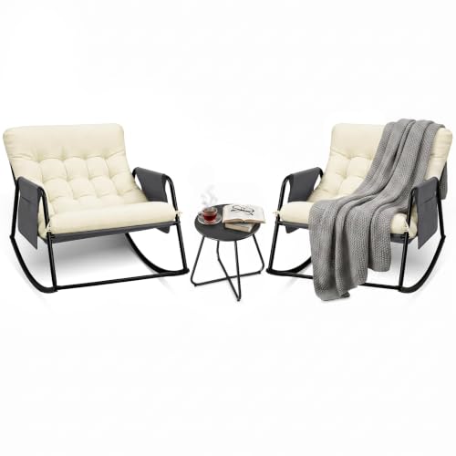 Bonnlo Sillón Mecedora Set de 2 con Mesa Auxiliar, Silla de Jardín, Butaca Tapizada con Cojines Gruesos, Balanceo Seguro 45°, para Interior y Terraza, Beige