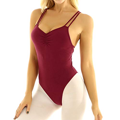 YiZYiF Collant feminino com alças duplas para balé, dança, camiseta, cruzado, Wine Red, Small