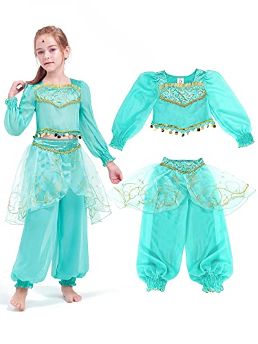 Ikali Girls Jasmine Costume Fairy Tale Classic Princess Dress Toddler Gift Fancy Dress Up For Halloween Birthday Roleplay Character Party 2Pcs #TOP4