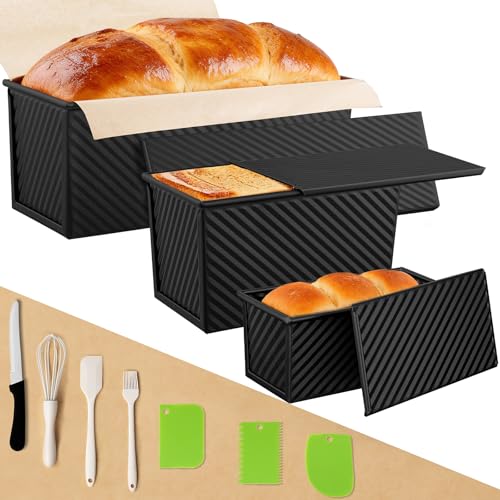 Lollicy 3 Pack Pullman Loaf Pan with Lids Non-Stick Bread Loaf Pan Heavy Duty Carbon Steel Corrugated Toast Box for Baking Square Bread Pans for Homemade Sandwich Bakeware (Black)