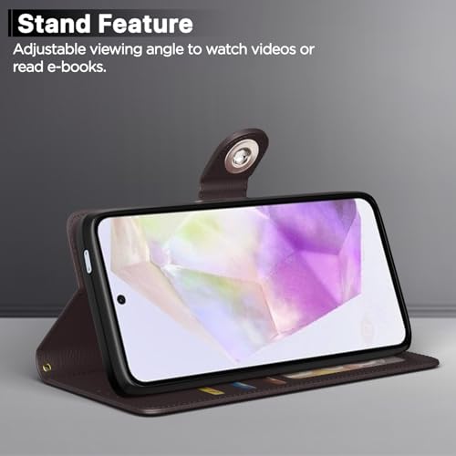 Image of Pikkme Flip Cover Leather Finish | Inside TPU with Card Pockets | Wallet Stand and Shock Proof | Complete Protection Button Flip Case for Samsung Galaxy A56 5G(Coffee)