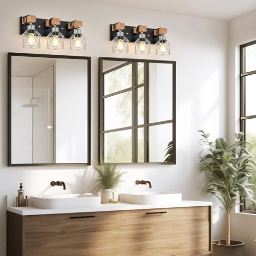 Image of FadimiKoo 3-Light Wood Bathroom Light Fixtures Over Mirror, Rustic Black Silver Famhourse Sconces Wall Decor with Elegant Metal Lampshade for Living Room, Bedroom, Porch