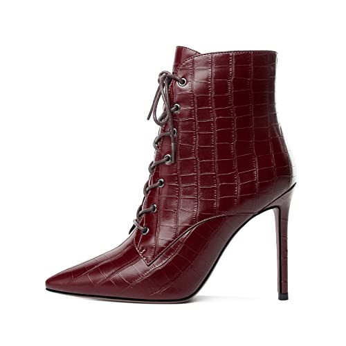 Mettesally Women's Ankle Boots Pointed Toe Stiletto High Heels Lace Up Boots Side zipper Short Boots Chic Booties2