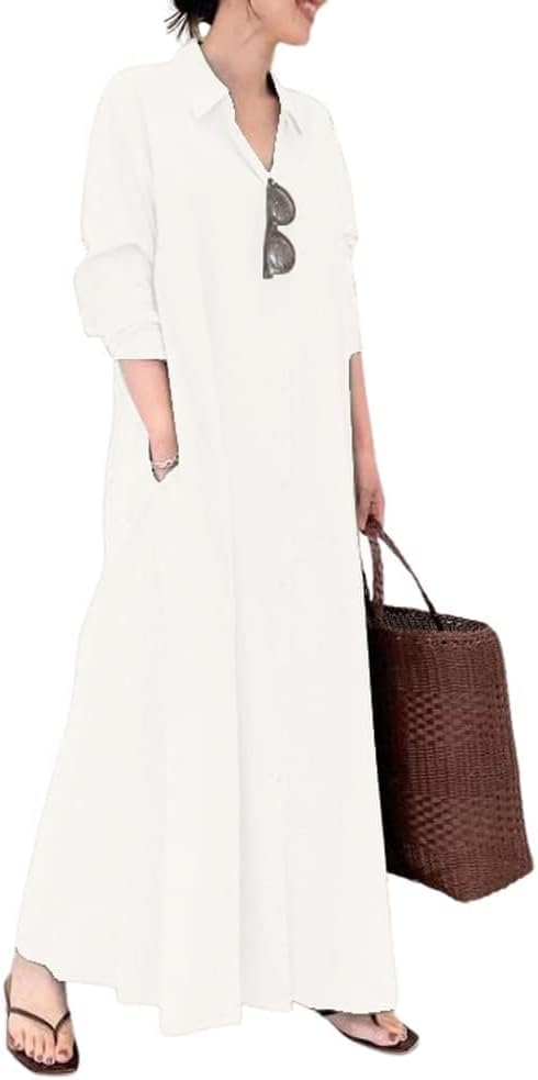 chouyatou Women's Basic Loose Fit Long Sleeve Button Up Maxi Shirt Dress with Pockets