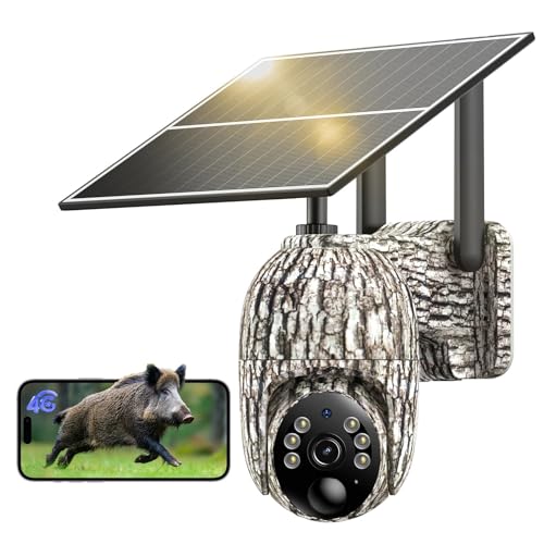 NUASI 4G Caméra de Chasse avec Carte SIM, 2K Caméra de Surveillance Solaire Extérieure sans Fil Détection de l'animal, 360° PTZ Caméra Sécurité avec Audio Bidirectionnel, Vision Nocturne