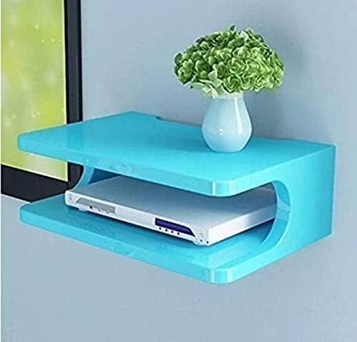Image of Floating Wall Mounted TV Shelf for Set Top Box, WiFi Router, Gaming Console & Decorative Items | Modern Wall Storage Rack for Living Room, Bedroom & Office (Blue)