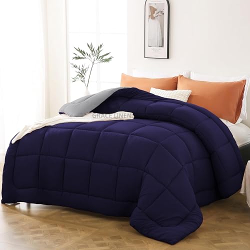 Image of 600 GSM Heavy Winter Comforter Double Bed Size 90 inchX100 inch - 600 GSM Winter Blanket Comforter /Rajai /Duvet Microfiber Super Soft Fluffy Double Bed - Navy Blue /Silver Grey Color