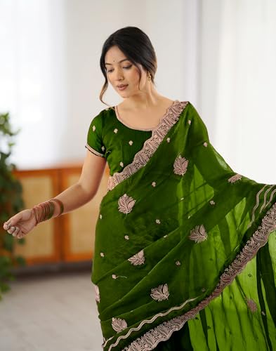 Image of SIRIL Women's Chiffon Scalloped Border Sequins Embroidery Saree with Unstitched Blouse Piece