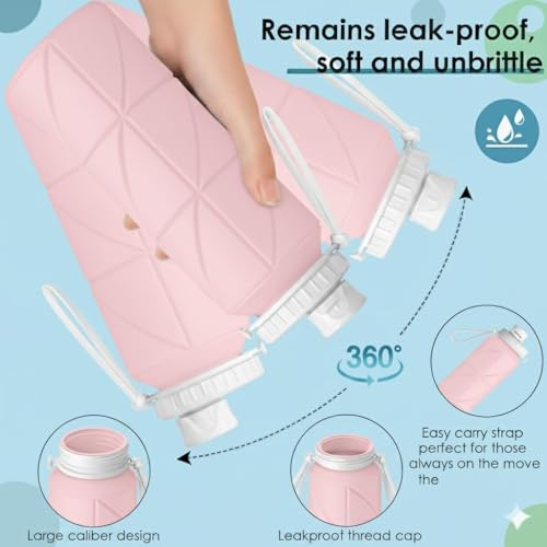 Image of 600ml Folding Silicone Water Bottle Sports Outdoor Travel Portable with Leak-Proof Lid Space-Saving for Travel, Gym, Hiking, Camping (GREEN&PINK)