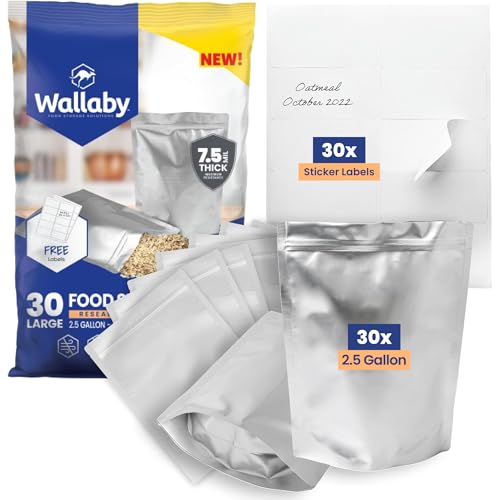 Wallaby 30 Count 2.5-Gallon Gusset Mylar Bags with Labels, 15 Mil Total Thickness Long-Term Food Storage Pouches, 18x12 Stand-Up Zipper Heat-Sealable Airtight Packaging - Silver
