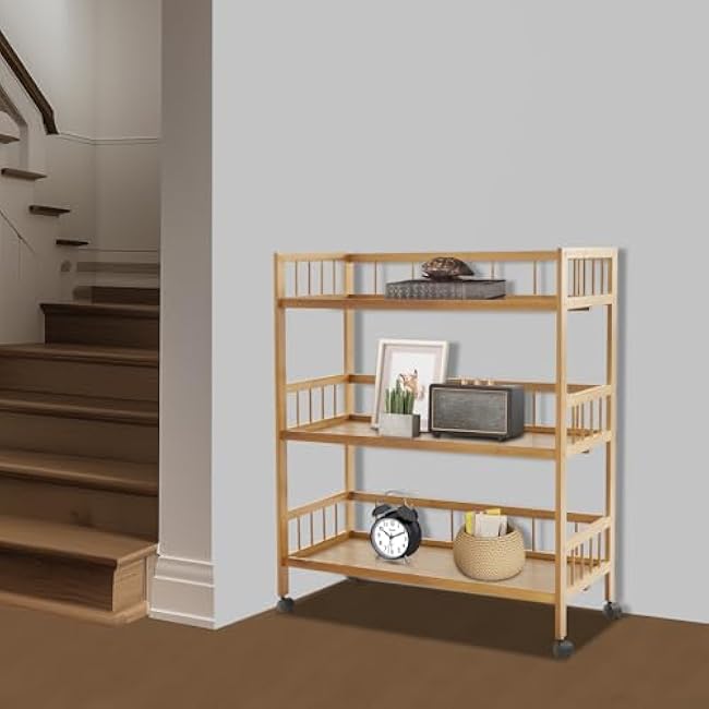 3-Tier Bamboo Rolling Cart, Kitchen Serving Cart, Storage Rack Utility Mobile Trolley with 4 Wheels for Home Bar Living Dining Room (27.5x11.8x32.3in)-oBJRLiIg