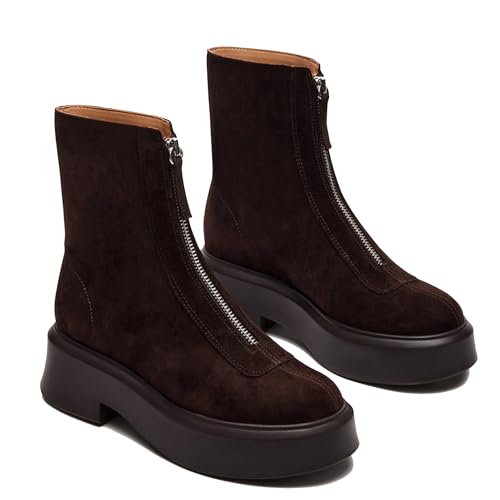 Women's Suede Platform Ankle Chelsea Boots - Comfortable, Casual, Chunky Low Heel, Front Zipper