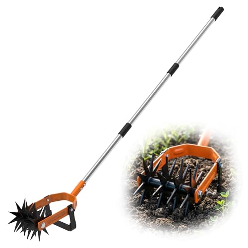 Veloxtera Rotary Garden Cultivator Tool 2-in-1 Hand Tiller and Weeding Tool with Adjustable Stainless Steel Pole Manual Garden Soil Cultivator for Soil Loosening Mixing and Lawn Reseeding