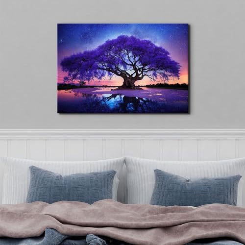 Image of Purple Tree Landscape Wall Art Blue Starry Night Picture Artwork for Living Room Wall Decor Abstract Nature Scenery Canvas Print Painting for Modern Bedroom Bathroom Home Office Decoration 16x24 inch
