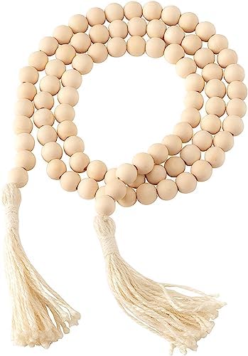 NEEDOMO Farmhouse Decor Wood Beads Garland, 58 Inch Wooden Beads for Boho Home Decor with Tassels, Rustic Country Decor for Table, Wall, Shelf, Tray, Vase, Living Room, Bedroom, Summer