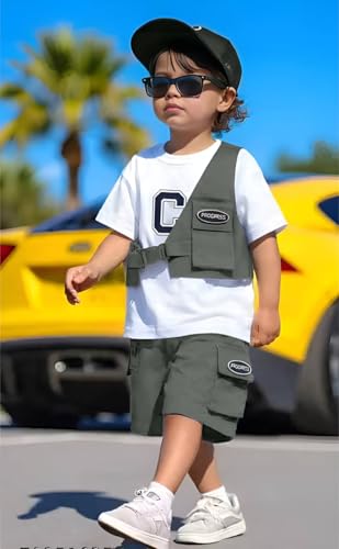 Image of Kids Boys 3-Piece Outfit Set | Half Sleeve T-Shirt, Utility Vest & Cargo Shorts with Cap | Stylish Casual Summer Clothing Set for Boys