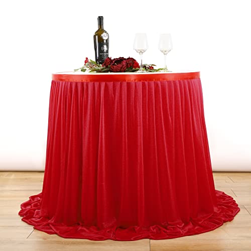 Red Chiffon Table Skirts For 6Ft Rectangle Tables Or Round Tables, Wrinkle Free Red Table Skirt Cloth Birthday Party Cake Table Decorations(L167Inch×30Inch, 6Ft Table 4 Sides Covered) #TOP2