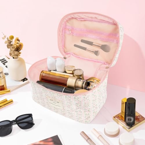 Image of MAYCREATE Cotton Makeup Bag Cute Floral Print Makeup Organizer Soft Travel Toiletries Cosmetic Bags Office Stationeries Handbag, 25x16x15cm