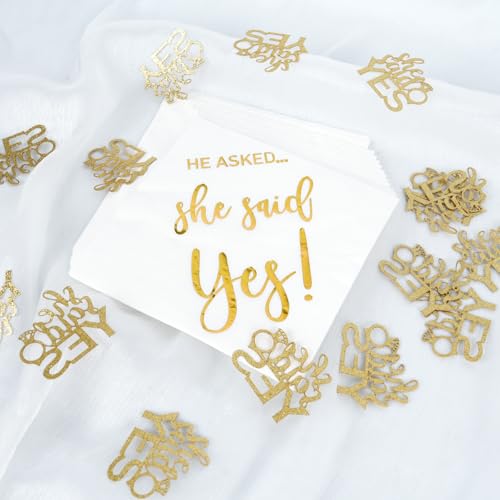 BruinBang 60 He Asked She Said Yes Napkins with 100 Gold Glitter Confetti