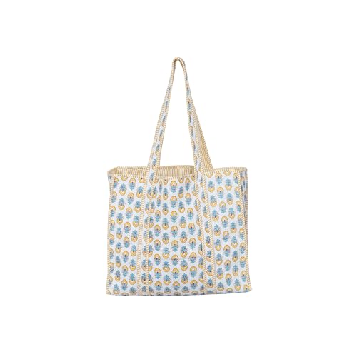 Image of Indian Cotton Quilted Tote Bag Women shoulder Bag Carry, shopping Beach Bag Summer Holiday Essentials Shopping Travel Bag with Pockets Handbags for Women (Cream-Orange)