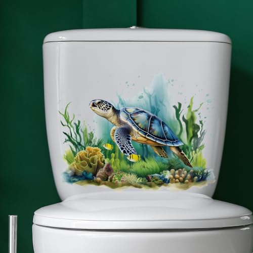 Sea World Turtle Water Grass Toilet Cover Sticker Decals,Coral Shell Flower Leaf Waterproof Toilet Lid Tank Seat Decals Cistern Self-Adhesive Bathroom Wall Sticker