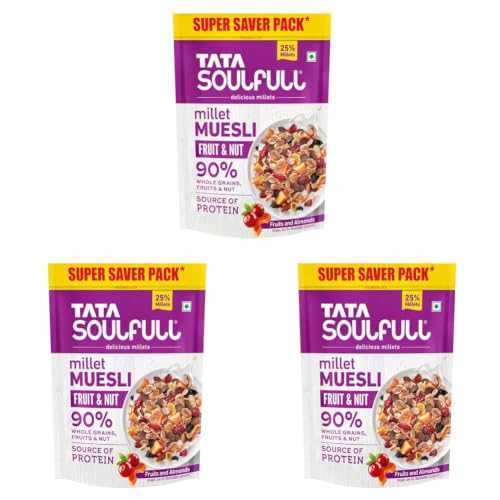 Image of Tata Soulfull Millet Muesli, Fruit & Nut, 700 g, With 20% Crunchy Millets, 90% Whole Grains, Source of Protein, High in Fibre, Contains Ragi, Jowar & Bajra (Pack of 3)