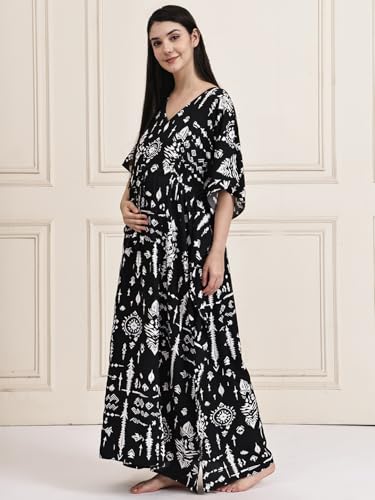 Image of Secret Wish Rayon Maternity Kaftan Nighty /Free Size /Feeding /Nursing /Zipper /Drawstring /Full Length
